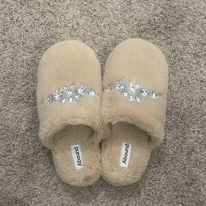 Abound Beige Plush Slip-On Slippers with Crystal Accent